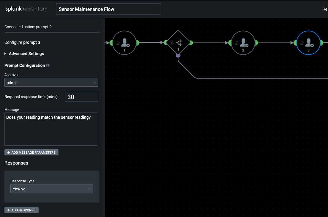 This is a screenshot of Splunk SOAR that shows completed fields for creating a decision tree to request that the worker cross checks if the sensor has a reading.