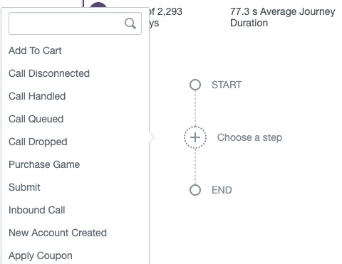 This screenshot shows all of the steps a user can select to add to the conversion funnel from the weblog and call center data in the Flow.
