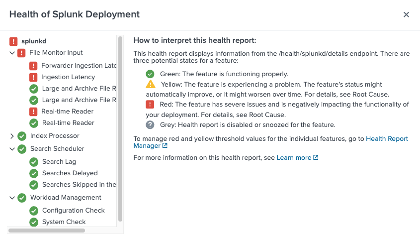The screen image shows the status tree that appears in the splunkd health report. The tree displays the health status color (green, yellow, red, or grey) for each Splunk Enterprise feature from the perspective of the instance on which you are monitoring.This image shows splunkd health report from the perspective of a search head.