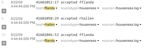 This screenshot shows a list of results, with fflanda as the first host value, rhallen second, and fflanda third.