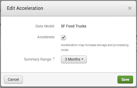 The screen image shows the Edit Acceleration dialog for a data model called SF Food Trucks. The Accelerate checkbox is selected. The Summary Range is set to 3 Months.