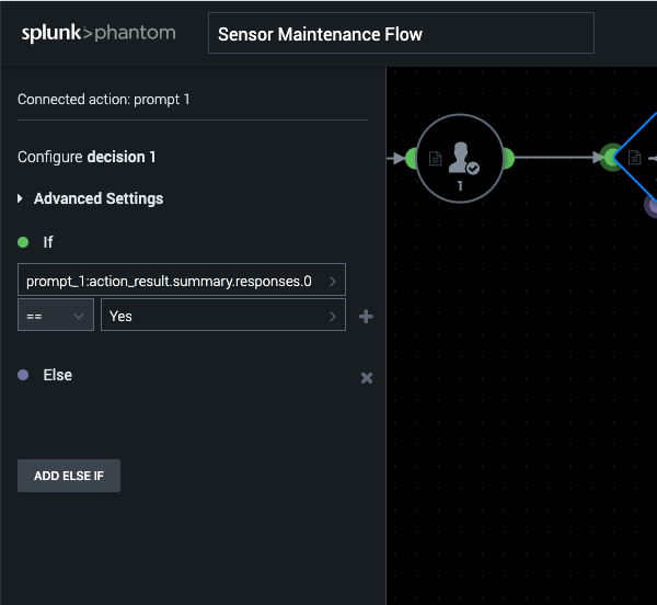 This screenshot of Splunk SOAR shows how to set up a decision tree to measure temperature manually in the prompt Advanced Settings.
