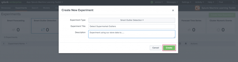 This image shows the resulting modal window that generates following clicking the Create New Experiment button. Fields are filled in for Experiment Title and Description and a button labeled Create is highlighted in the bottom right corner of the modal window.