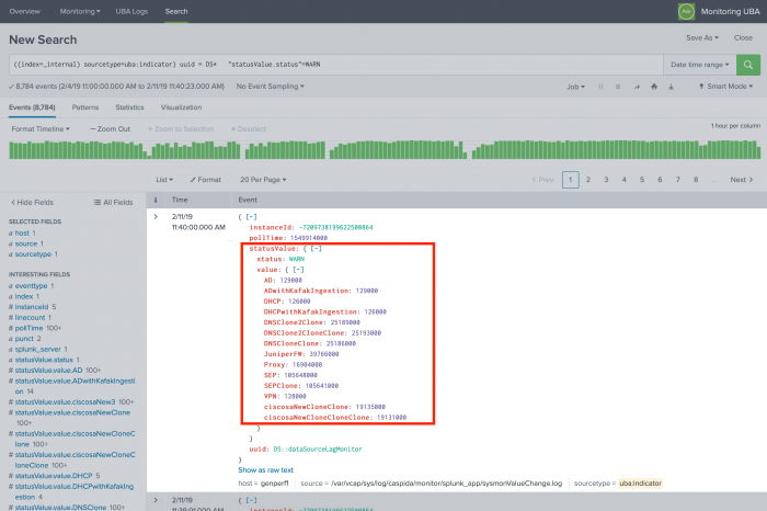 This screen image shows the Search page in Splunk with a few raw events. The relevant details on the page are described in the text immediately following this image.
