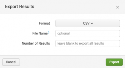 This screen image shows the Export Results dialog box. The choices in the dialog box are Format, File Name, and Number of Results.