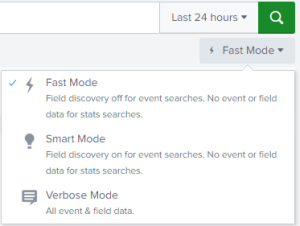 The search mode selector menu is expanded to show the three search modes: Fast, Smart, Verbose. The Fast mode turns off field discovery for event searches. The field and event data is turned off for searches with the stats command. The Smart mode turns on field discovery for event searches. The Verbose mode returns all field and event data.