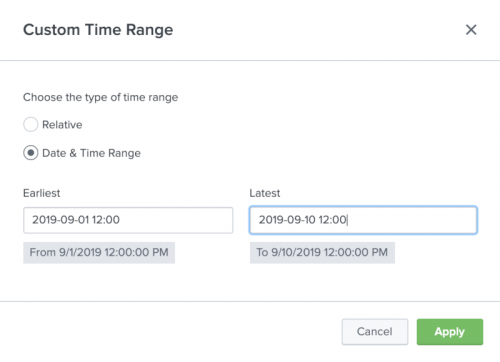 This screen image shows the Custom time picker with the Date and Time Range radio button selected.