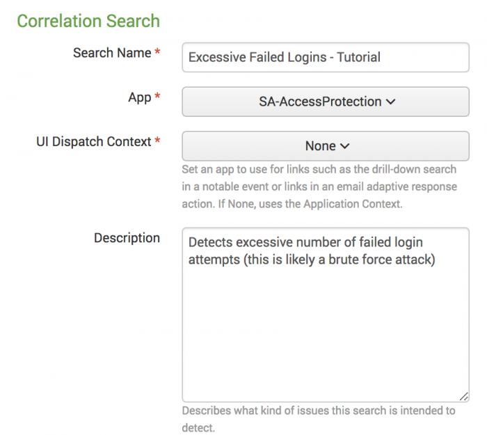 This screen image shows the excessive failed logins tutorial search with the search name, application context, UI dispatch context, and description fields completed.