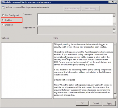 This screen image shows the Include command line in process creation events window. The Activated/Turned on checkbox is selected and highlighted.
