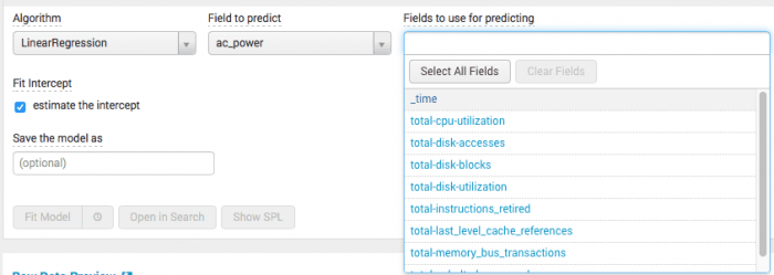 This image shows the algorithm and field selection drop down menus in the Predict Numeric Fields assistant.