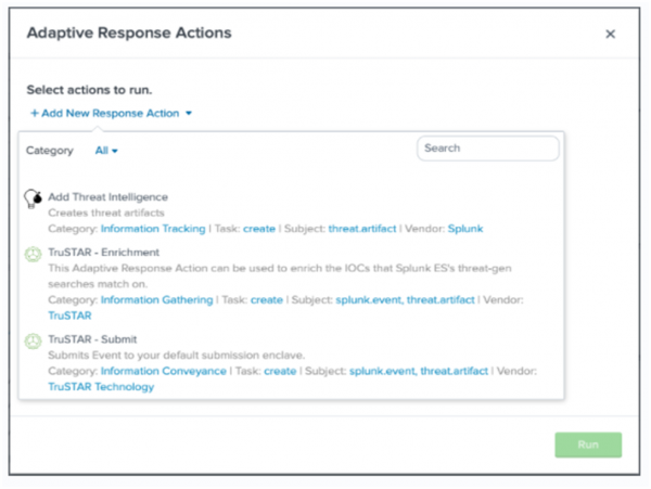 This screenshot displays the Adaptive Response Actions menu.