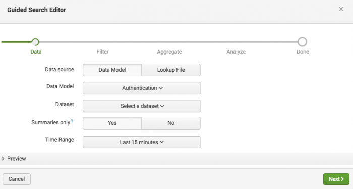 This screen image shows the guided search editor with Data Model and Authentication selected.