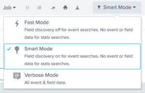 This image shows the three search modes: Fast, Smart, Verbose. The Fast mode turns off field discovery for event searches. The field and event data is turned off for searches with the stats command. The Smart mode turns on field discovery for event searches. The Verbose mode returns all field and event data.