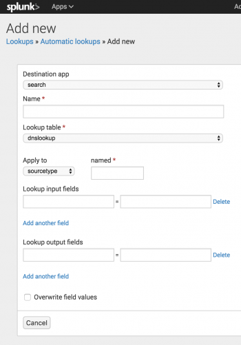 This image shows the Add New view for automatic lookups.  None of the fields have been changed.