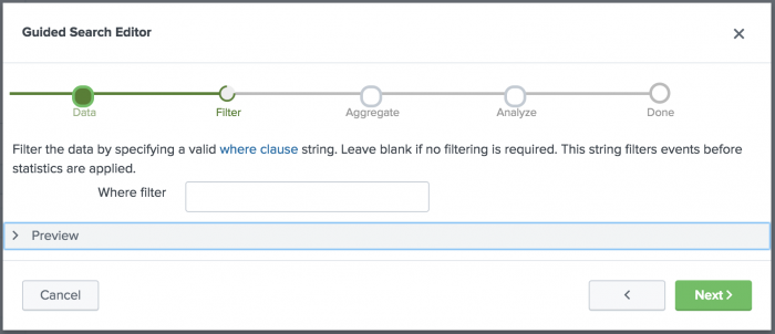 This screen image shows the guided search editor where clause filter page.