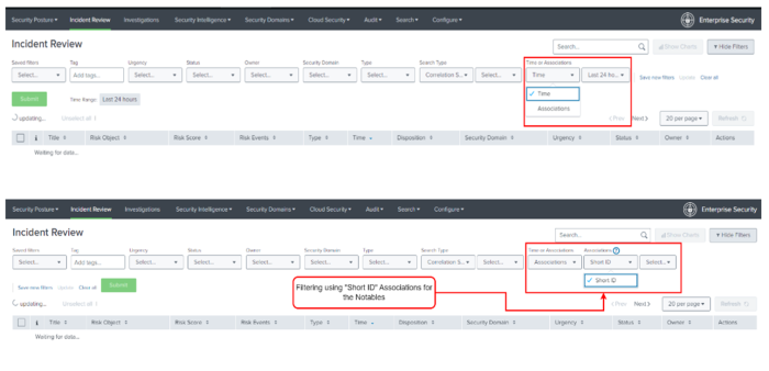 Short ID Association filters on the Incident Review page in Splunk Enterprise Security version v7.2.0 and lower