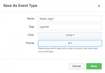 This image shows the Save As Event Type dialog box. There are 4 settings: Name, Tags, Color, and Priority.