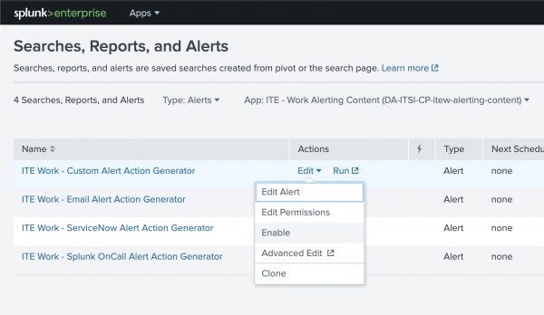This image shows a screenshot of alert action generator searches on the Searches, reports, and alerts page.