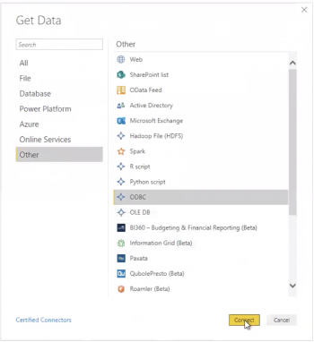 This screenshot shows the Power BI configuration menu. The list includes the data source name (DSN), and the URL of the user's Splunk Enterprise instance.