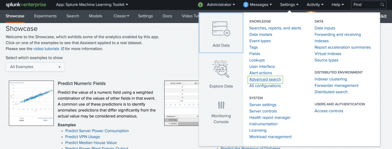 This screenshot of the Splunk interface shows the menu options available by clicking the Settings menu in the Splunk bar. The option for Advanced Settings is highlighted.