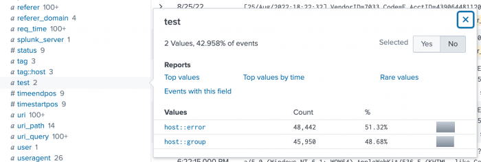 This screen image shows the fields list with the "test" field selected. The popup information box shows two values, host::error and host::group.