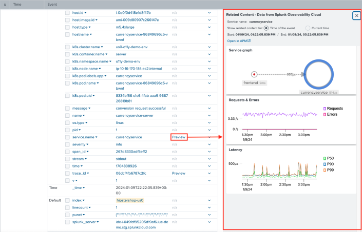 This image shows a preview of service name data from Splunk Observability Cloud in the Related Content panel.