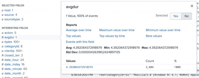 This image shows the list of Interesting Fields in Splunk Web with the avgdur field highlighted. Only one value is listed