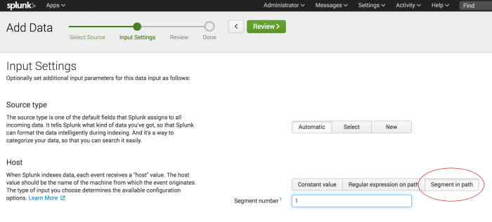 This screen image shows the next step in adding data, Input Settings The Segment in path option is highlighted.