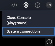 This image shows the Settings icon selected, which looks like a gear. Two options show "Cloud Console" and "System connections".