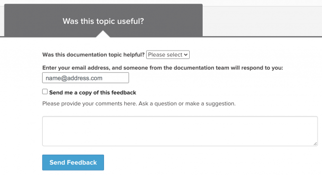 This screen image shows the "Was this topic useful" form at the bottom of each topic in the Splunk documentation.