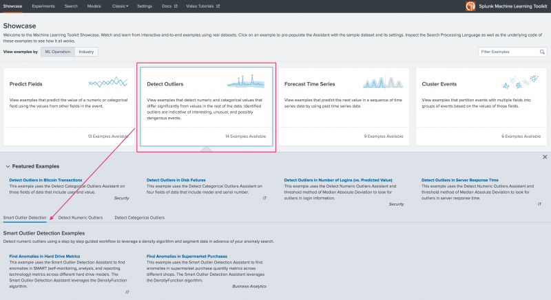 This image shows the landing page for the Machine Learning Toolkit Showcase page. The Detect Outliers option is highlighted and pointing to the available examples for the Smart Outlier Detection Assistant.