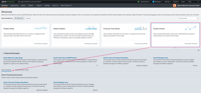 This image shows the landing page for the Machine Learning Toolkit Showcase page. The Cluster Events option is highlighted and pointing to the available examples for the Smart Clustering Assistant.