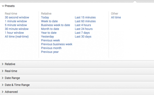 This screen capture shows the time range picker drop-down list. The list that is displayed is the Presets list.