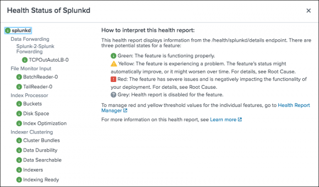 The image shows the splunkd health report. The health report includes the splunkd status tree, and provides detailed diagnostic information about changes in feature health status.