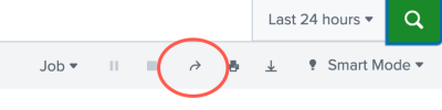 This image shows the Share icon, which is a curved arrow pointing to the right. The Share icon is near the Time Range Picker under the Search bar. It is one of the set of icons that starts with Jobs and ends with Search Mode.