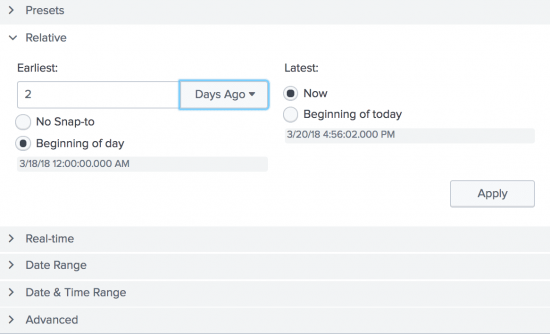 This screen image shows the Relative option. For  "Earliest", the number 2 is typed in.  From the drop-down list, "Days Ago" is selected.  For "Latest", the default radio button "Now" is selected.