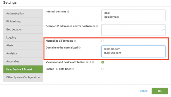 This screenshot shows the Settings dialog with User, Device & Domain selected. The "Normalize all domains" checkbox is deselected. The "Domains the be normalized" field is populated with the following domains, each on a separate line: example.com, sf.splunk.com.
