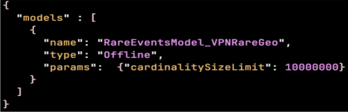 This image shows example code in the model registry JSON file. The default value for the cardinalitySizeLimit is shown.