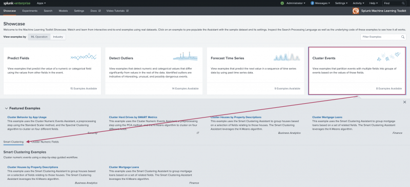 This image shows the landing page for the Machine Learning Toolkit Showcase page. The Cluster Events option is highlighted and pointing to the available examples for the Smart Clustering Assistant.
