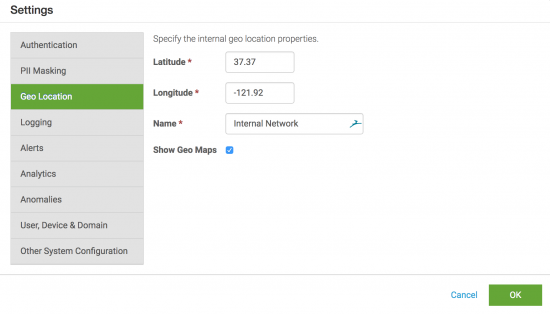 This screenshot shows how to configure the default office location in Splunk UBA. In the Settings window, Geo Location is selected. The Latitude field contains a value of 37.37. The Longitude field contains a value of -121.92. The Name field contains the value InternalNetwork. The checkbox in the Show Geo Maps field is selected.