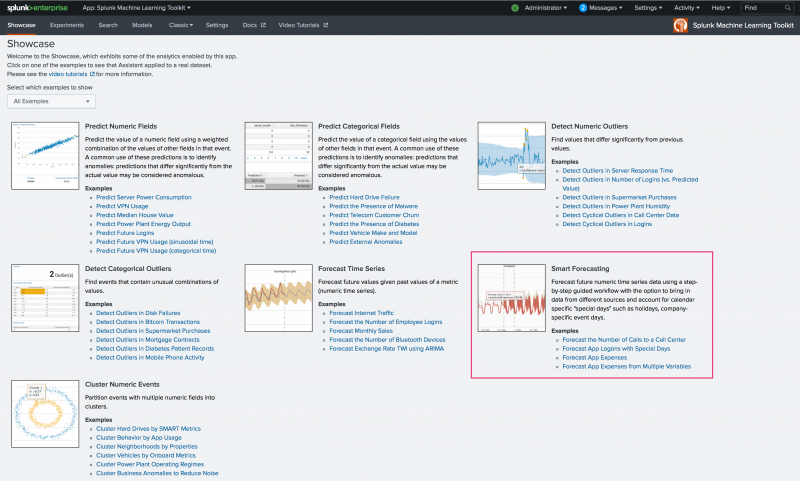 This image shows the landing page for the Machine Learning Toolkit Showcase page. A new Showcase option is highlighted with four examples listed for the Smart Forecasting Assistant.