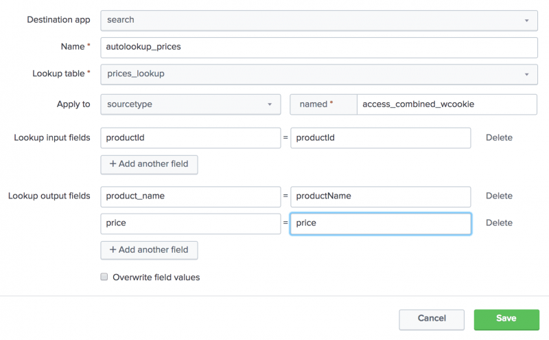 This image shows the Add New Automatic lookups page.  The fields are filled in as described in these steps.