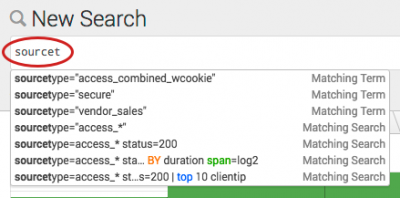 This screen image shows the search assistant Compact mode. The letters "sourcet" are typed into the Search bar. A list of matching terms and matching searches appears below the Search bar.