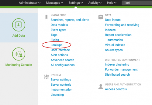 This image shows the Settings drop-down. The Lookups option is circled.