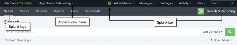 This image shows the Splunk bar in Splunk Enterprise. From left to right, the first item on the Splunk bar is the Splunk logo. The second item is the Applications menu. To the right are several other menus, such as Account, Messages, Settings, and so forth.