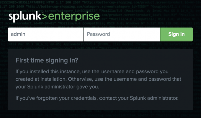 This screen image shows the first time login page for Splunk Enterprise.