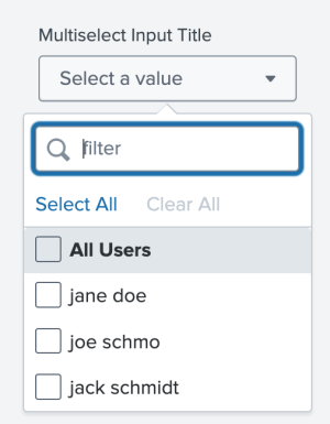 A dropdown list showing the names of different users that can be selected as values for an input.