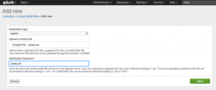 This image shows the Add new view with the prices.csv file specified as the file to upload and the destination name.