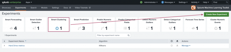 This image shows the Machine Learning Toolkit and the view under the Experiments tab. The Experiment types are displayed from which a user can create a new Experiment of that type. The new Experiment type of Smart Clustering Assistant is highlighted.