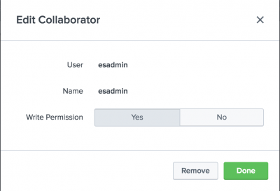 This screen image shows the name and permissions options that show when you click a collaborator icon.